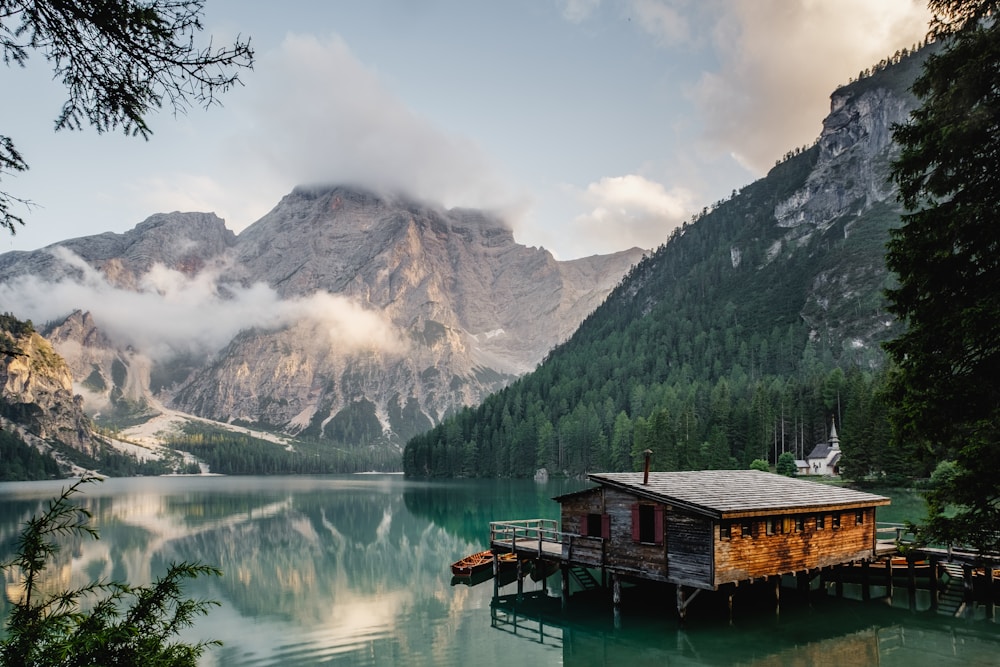 Mountains reflected in still lake water
